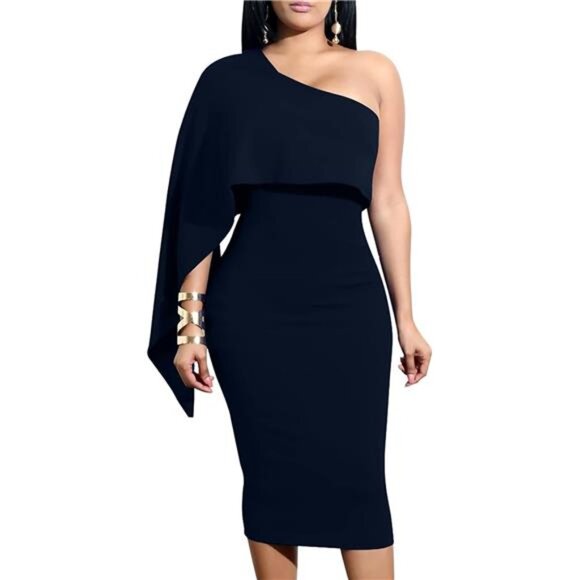 Women's Sexy One Shoulder Ruffle Bodycon Dress Dark Blue - Picture 1 of 7